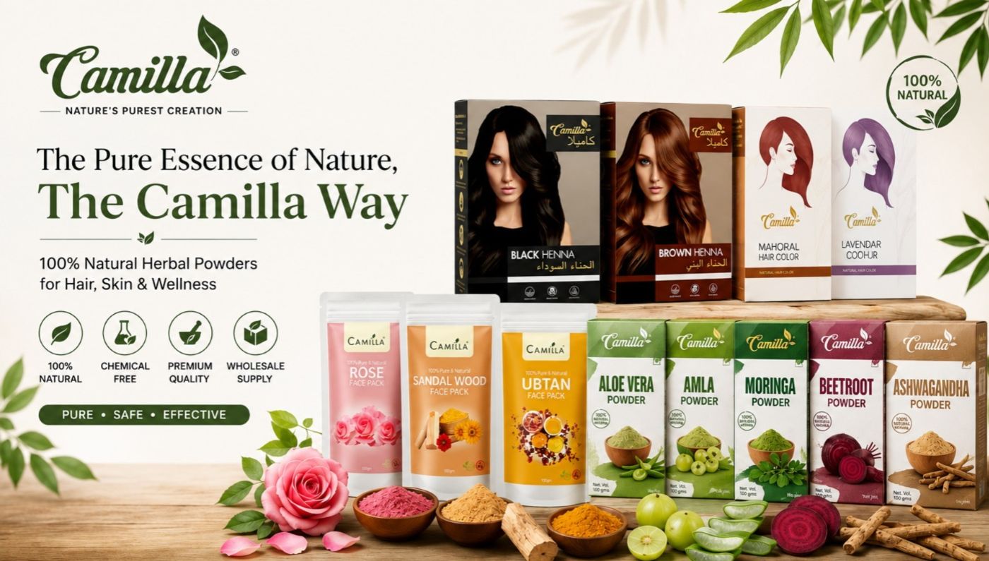 Camilla herbal product range including herbal powders, face packs and hair colors by Natural Herbal